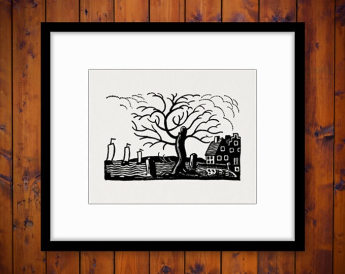 Digital House by the Sea Image Graphic Ocean Home Tree Printable Download Vintage Clip Art Jpg Png Eps HQ 300dpi No.3844