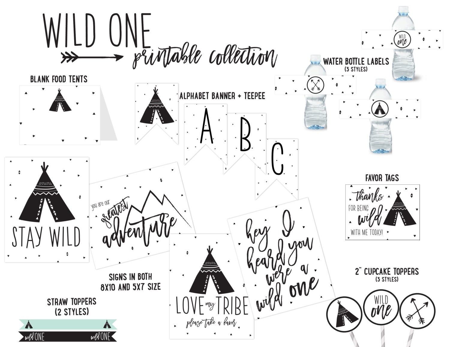 Wild One Teepee Birthday Party Printable Collection Black and