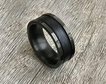 Personalized Mens Male Ring Engagement Ring Promise Ring For Him Men Leather Anniversary Gift Custom Mens Band Ring Black Gift for Husband
