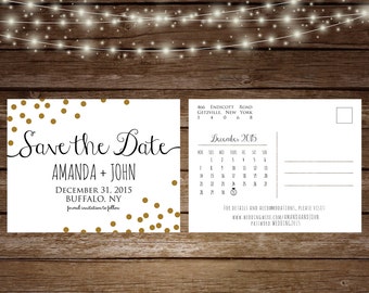 Gold Save The Date Postcard, New Year's Eve Wedding, Printable