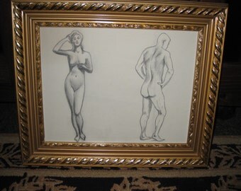 MALE FEMALE NUDE Pencil Drawing From April 1964 In Ornate Goldtone Frame 15" x 18" Velvet Back On Frame