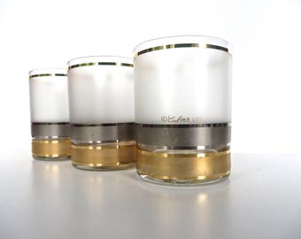 Vintage Culver Frosted Rocks Glasses, Set Of 3 Mid Century Silver And Gold Scotch Glasses, 22kt Hollywood Regency Gold Barware