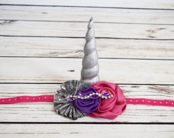 Handcrafted Silver Unicorn Horn Headband - Hot Pink and Purple Unicorn Headband - Toddler Unicorn Accessory - Unicorn Costume -Adult Unicorn