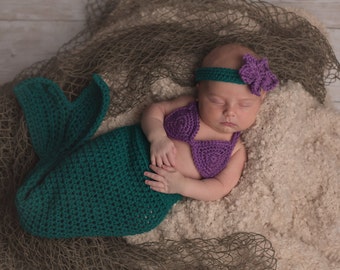 The Little Mermaid Tail Set - Includes Tail, Bikini Top & Headband /Newborn / Sitter Session / Sizes Newborn - 12 Months **MADE TO ORDER**