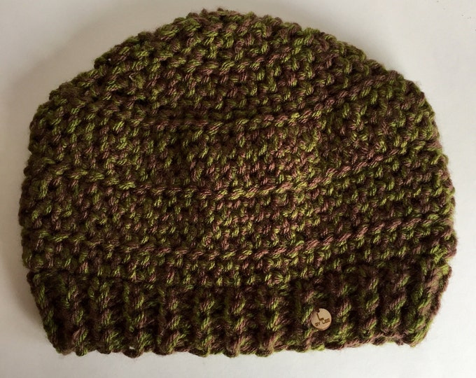Men's Brown and Green Snug Winter Cap, Unisex Skull Cap Beanie in Forest Green and Hunter Brown, Warm Winter Hat for Men