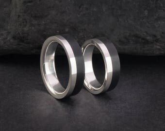 Wood wedding bands set, sterling silver and black ebony wooden rings or wedding bands, wood rings for men or women, EU UK US sizes