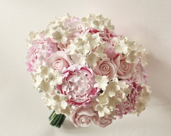 Alternative wedding bouquet Keepsake Hydrangea Pink Ivory Bridal Bouquet Blush Pink peony bouquet clay flowers bouquet clay bouquet