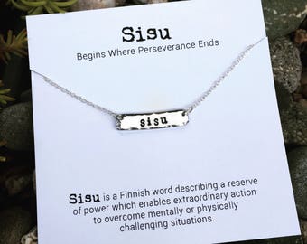 Sisu necklace - inspirational word jewelry - Finnish gift - courage - grit - bravery - simple bar necklace - Love Squared Designs