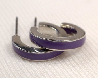 Purple Striped Hoop Earrings, Vintage Silver Hoops, Retro Purple Hoop Earrings, Silver Post Hoops, Purple Hoops, Clearance Sale (E703)