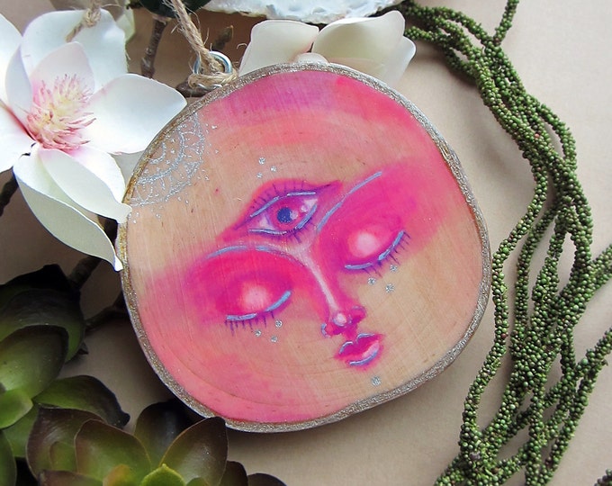 Purple Moon Goddess with Third Eye. Wall hanging hand painted on a slice of birch wood. Comes with a rope hanger.