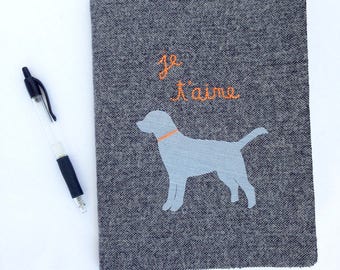 personalized journal, fabric covered notebook, dog silhouette, hand embroidery, french words, gift for her, dog lover gift, francophile gift