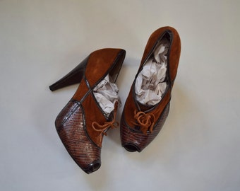 Via Spiga Suede and Snakeskin Peep Toe Heels 7.5M
