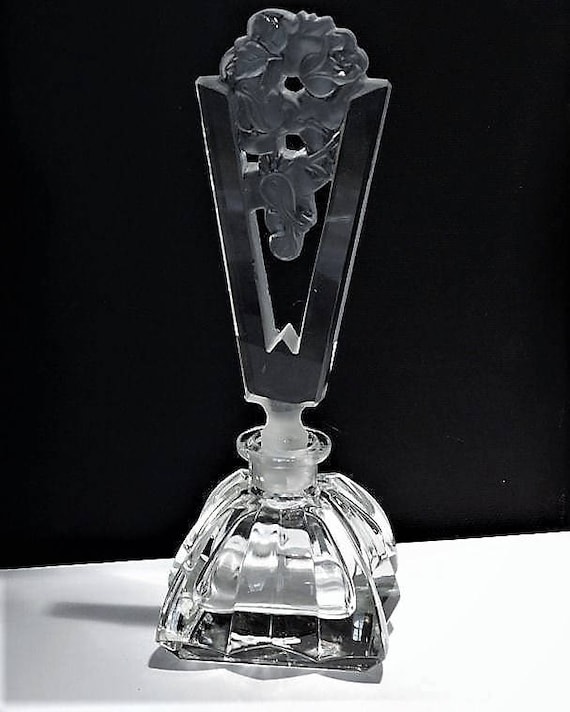 Fosted Intaglio Czech Perfume Bottle Art Deco 1920s 1930s Cut Crystal Glass Czechoslovakia Antique Vintage Vanity Cologne Bohemian France