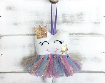 NEW! Personalized Tutu Tooth Fairy Pillow with Glitter Crown or Bow, and new addition Magic Wand. Choose your colour tutu.