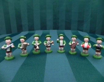 Vintage German Bavarian Erzgebirge Wooden Musicians, Music Band Figures, Hand Painted, Wood Decorations, Oktoberfest, set of 8