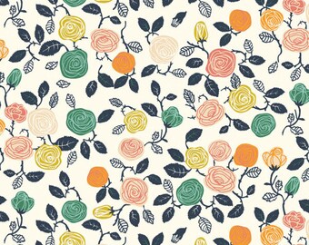Roses Cream organic KNIT fabric - Hidden Garden by Birch - modern quilt fabric, pink fabric, modern floral fabric, rose fabric, knit fabric