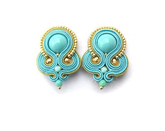 Clip On Earrings, Turquoise and Gold Soutache Earrings, Handmade Jewelry, Soutache Jewelry, Turquoise Earrings for Sensitive Ears