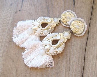 Bridal Earrings Clip-On, Tassel Earrings, Soutache Earrings, Large Earrings, Big Bridal Earrings, Long Earrings, Wedding Jewelry