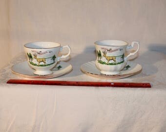 A set of 2 different vintage Souvenir tea cups and saucers from Minnesota, same logo, made in England for Enco National NYC, fine bone china