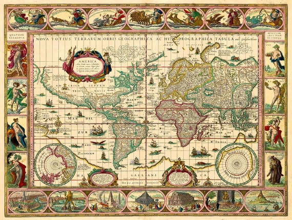 Antique World Map Print Old world map Vintage Map-High