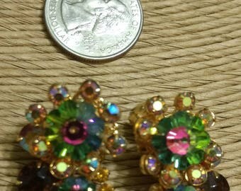 Pair of Vintage Beau Jewels Multi-Colored Rhinestone Floral Pattern Clip-on Earrings