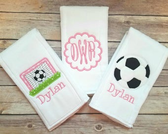 Set of 3 burp cloths - Personalized girls burp cloths - Soccer burp cloth - Monogram burp cloth - Newborn