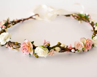 Blush flower crown. Rustic floral crown in shades of pink, peach, and blush. Bridal headpiece. Bridesmaids wreath. Flower girls headband.