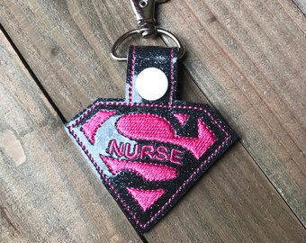 Nurse Keychain, Super Nurse Key chain, Super Nurse Zipper Pull, Nurse Bag Tag, Custom Keychain---You choose 70 Colors