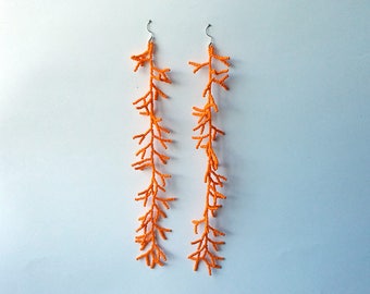 Extra Long Earrings. Light Orange Earrings. Beadwork. Shoulder Duster Earrings. For Her. Dangle Earrings