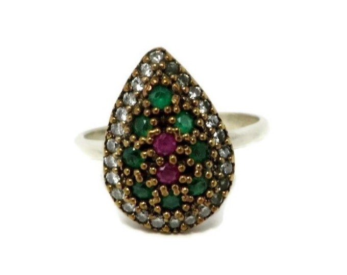 Vintage Emerald Ruby Topaz Ring, Two Tone Sterling Silver Ring, Pear Shaped Ring, Size 7.5