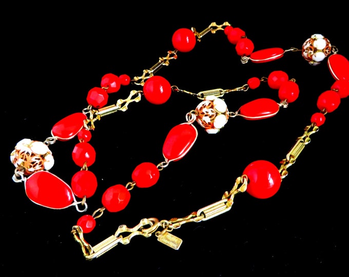 Hattie Carnegie Red and White Beaded Necklace, Vintage Designer Goldtone Necklace