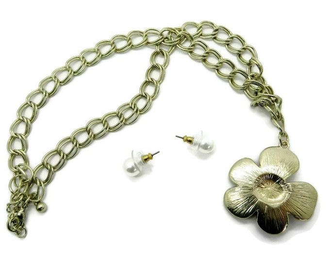 Anne Klein Necklace Earrings Set, Vintage Blue Enamel Flower Necklace Faux Pearl Pierced Stud Earrings