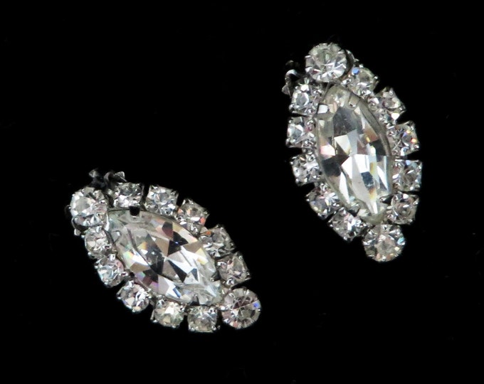 Weiss Oval Rhinestone Earrings, Vintage Clear Rhinestone Clip-on Earrings, Bridal Jewelry