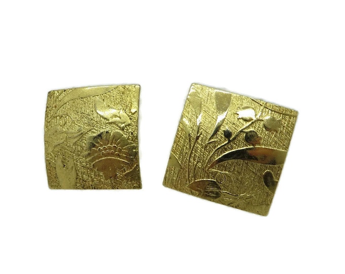 Embossed Square Earrings, Vintage Gold Tone Clip-on Earrings, Costume Jewelry Gift Idea