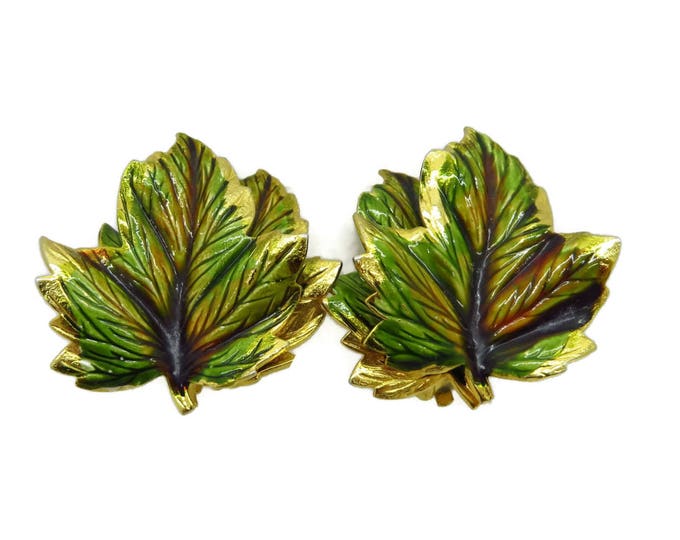 Weiss Leaf Earrings, Vintage Green Leaf, Signed Weiss Jewelry Gold Tone Clip-on Earrings