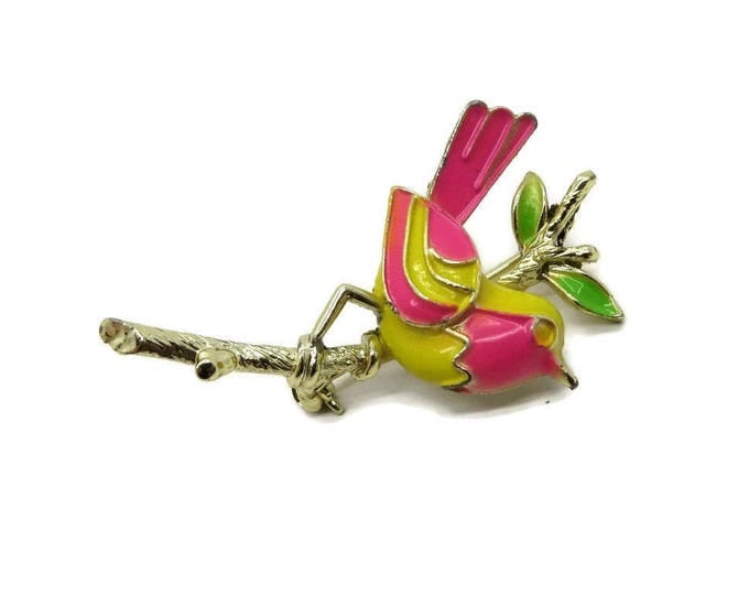 Bright Enamel Bird Brooch, Vintage Yellow, Green, Pink Figural Gold Tone Pin