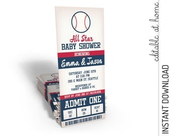 Baseball Baby Shower Invitation, Baseball Ticket Baby Shower, All Star Baby Shower Invite INSTANT DOWNLOAD you personalize at home