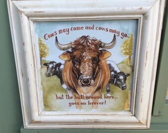 Hand painted wooden frame with vintage cow print home decor, gift, wall hanging frame picture
