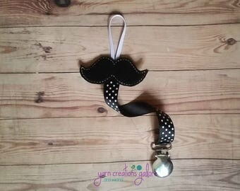 Feltie Mustache Pacifier Holder--w/ Black Polka Dot Ribbon