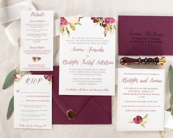 Marsala Wedding Invitation Burgundy Floral Invite Fall Wedding SAMPLE