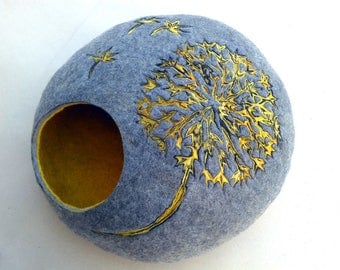 Cat bed/cat cave/cat house/Gray with yellow/ felted cat cave with dandelion dekor/Exclusive cat house