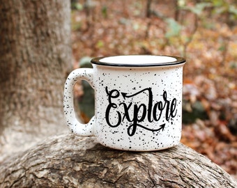 Explore Mug 15 oz Campfire Moms, Dads and Grads Speckled Mug Fathers Day Gift Hand lettered WildandFreeDesigns