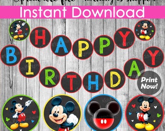 Mickey Mouse Banner INSTANT DOWNLOAD, Printable Mickey Mouse Birthday Banner Chalkboard, Mickey Mouse Party Decorations, 5" Circles Garland