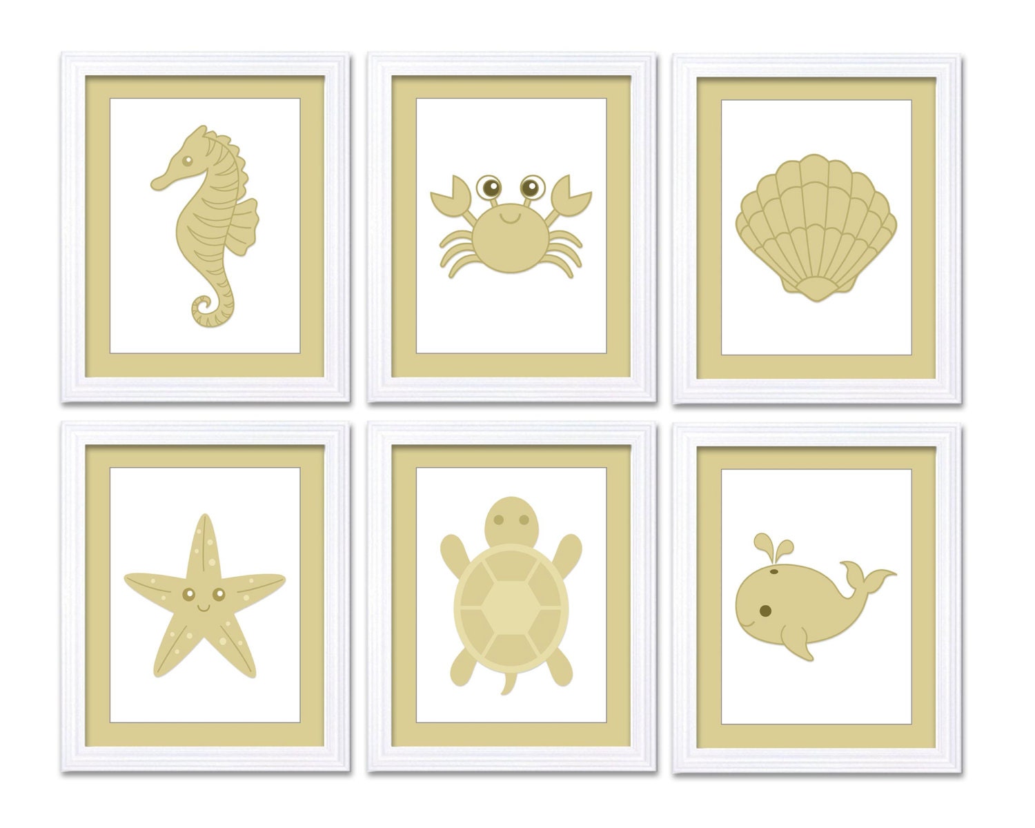 Beige Tan Sea Animals Nursery Art Nursery Print Child Baby Prints Set of 6 Seashell Whale Starfish S