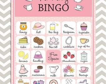 Tea Party Bingo in pink, 20 unique game cards, Printable Instant download!