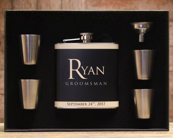 Personalized Flasks, Groomsmen Gifts, Best Man Gift, Black and Gold Wedding, Set of 10