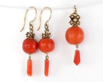 Vintage Coral Earring and Pendant Set, Edwardian Coral Jewellery, Coral Dangle Earrings, Coral Drop Pendant, Coral Gold and Pearl