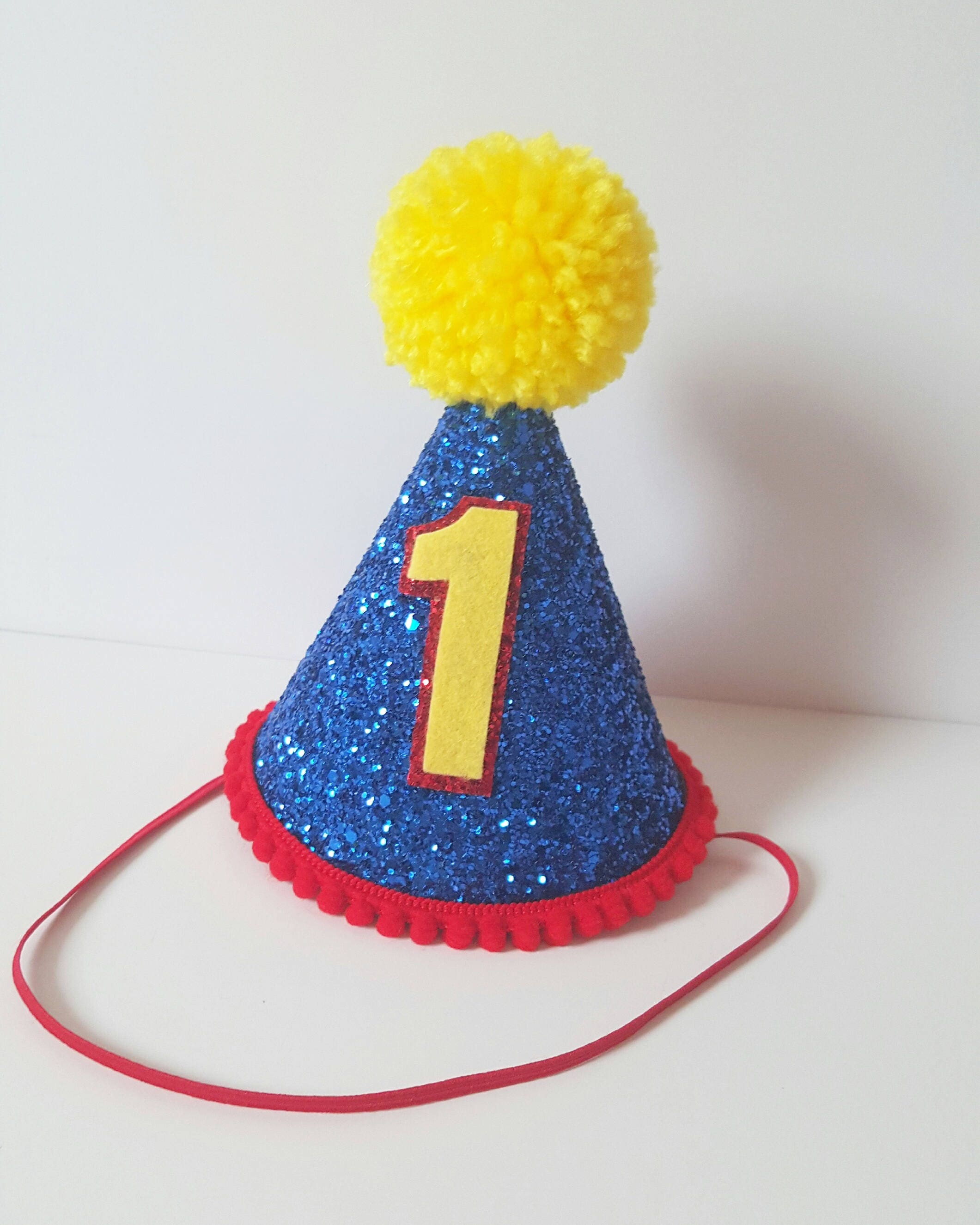 Super Hero Inspired Party Hat in Royal Blue Red and Yellow