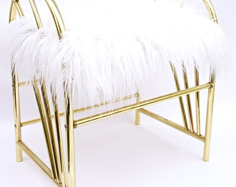 70's Glam Chic Hollywood Regency Gold Metal & White Faux Fur Vanity Bench || Vintage Boudoir Stool