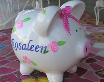 Kids-Custom-Hand-Painted-Piggy-Bank,Personalized-Piggy-Bank,Pink-Rose-Bud-Piggy-Bank,Ceramic-Piggy-Bank
